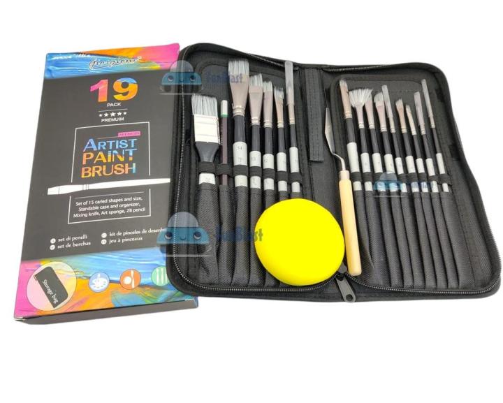 Artist Paint Brush Set 17 with Zipper Carry Case Black (15 Pcs+1 x Knife+1 x Sponge)(Nylon Bristles and wood)