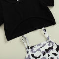 Kids Girls Dress Set, Camouflage Print Sling Dress with Short Sleeve Crop Top Summer Casual Outfit. 