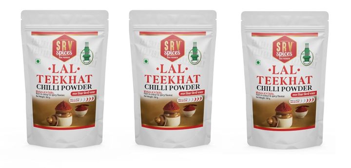 SRV Spices Lal Teekhat Chilli Powder| Mixture of Four Chillis (Lavangi Chilli, Kashmiri Chilli, Sankeshwari Chilli, Byadgi Chilli)| Red & Spicy| (100gram, Pack of 3)
