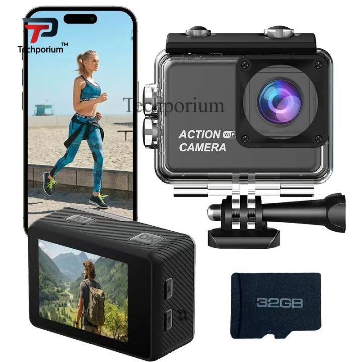 V22 4K Ultra HD Mini Action Sport Camera Waterproof WiFi Touch Screen Wide Angle Underwater Helmet Cam Motion Detection Loop Recording for Outdoor Sports Vlogging Travel Adventure
