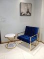 Modern Royal Blue and Matt Gold Wooden Sofa with Arms - Single Seater Upholstered Chair for a Comfortable Living Room. 
