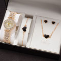 Fashionable 5-Piece Quartz Watch Collection for Women - Petal Gold Timepiece with Elegant Earrings & Necklace Set. 