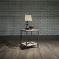 Square Wrought iron table with wooden top. 