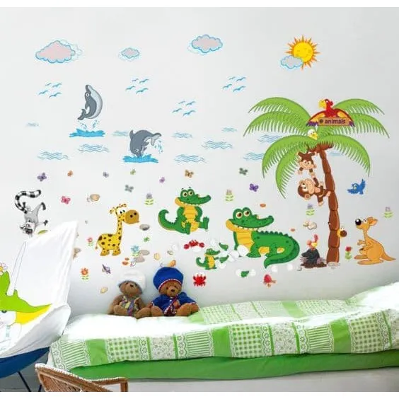 Beach Kids Wall Stickers Colorful Zoo Animal Wall Paper  Removable Vinyl Wall Decal Sticker PVC Wall Art Mural For Kids Room