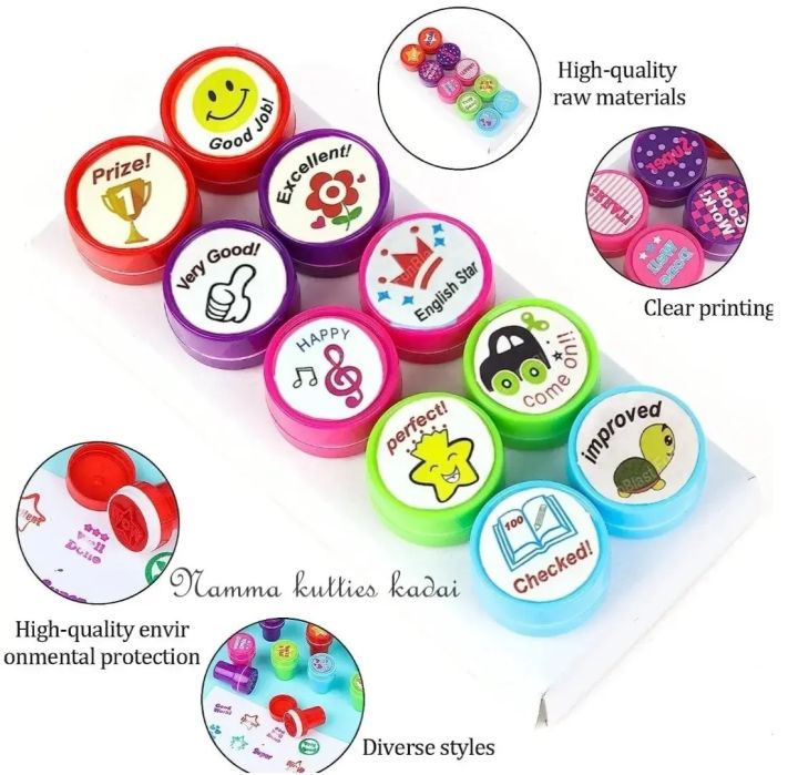 10pcs Appreciation Stamps star smiling face, nice work etc Kids Stamp Set Motivation Sticker School Scrapbooking Stamp DIY Teachers Self Inking Praise Reward Stamps For Scrapbooking