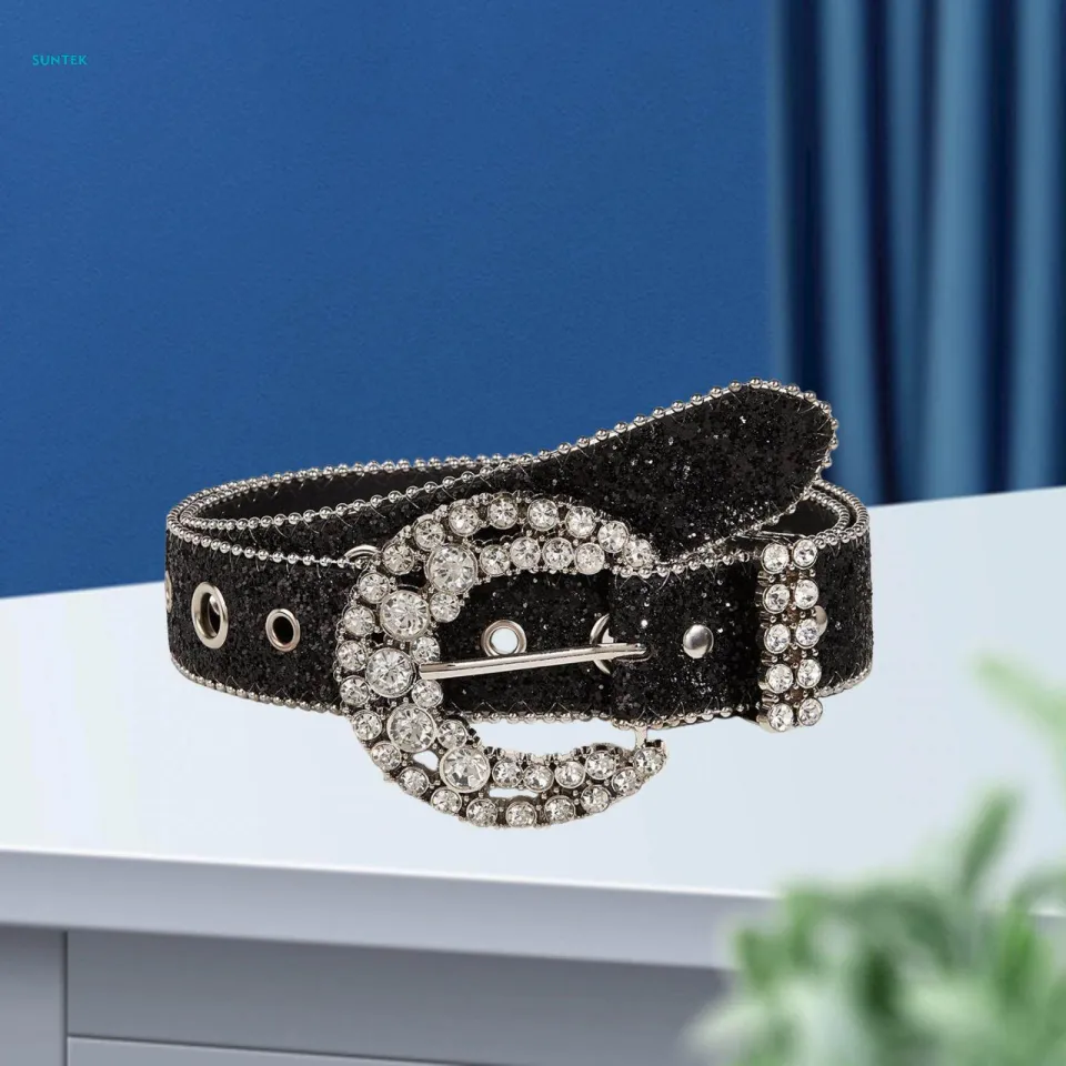 Rhinestone Belt PU Leather Belt Eyelet Belt Sequin Belt for