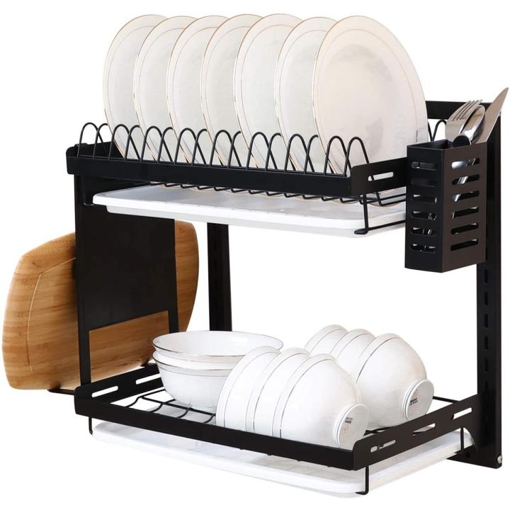 Dish Drying Rack with Drainer, Cutlery Organizer and Cutting Board Holder, Wall Mounted Dish Drainer, Adjustable Layer Space, Stainless Steel
