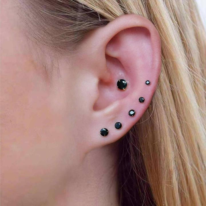 5Pairs Chandi Black stud earrings, Small Silver stud earrings, screw Back, Tiny studs, cz studs, cartilage, helix, tragus, earring set