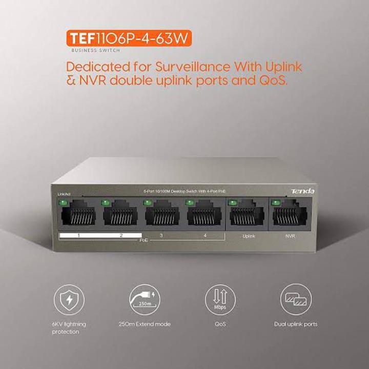 4 Ports POE Switch For IP Cameras, Fast POE Switch, 6 Ports Switch, 4 Ports POE 2 Uplinks, POE Switch 63W, 6Kv Lighting Protection, Tenda, Dahua, Hikvision All Brands Supported