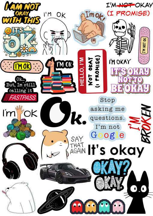 Funny I'm Okay Sarcastic Sticker Pack of 25 Aesthetic Mood Decals for Laptops, Journals & Mobile Covers Relatable Student & Office Humor sticker 2inchx3inch each sticker size Sarcastic laptop stickers Relatable mood decals Aesthetic black & white sticker