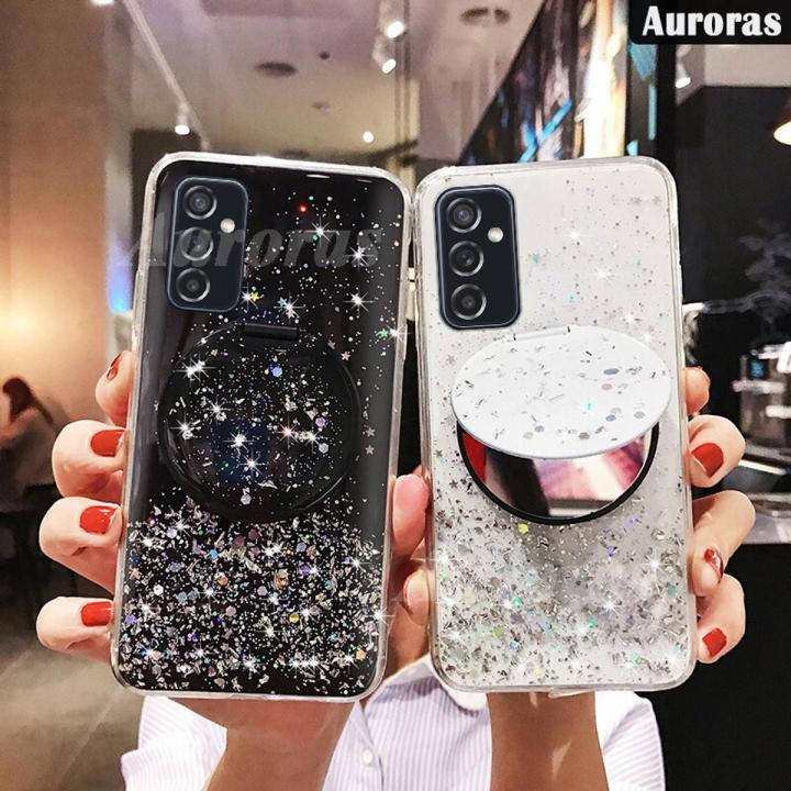 For Samsung Galaxy A13 5G Shiny Ring Case Glitter Soft Transparent Makeup Mirror Cases for Samsung A13 5G Back Cover Stars Moon Girls