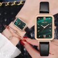 Marble Gradient Dial Watches For Women Casual Square Clock Dress Wristwatches Women Leather Belt Quartz Watch 2pcs Set. 