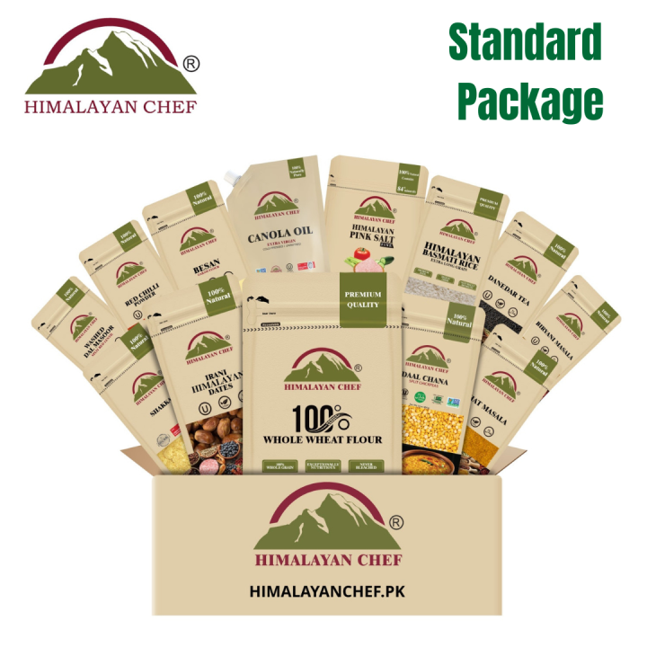 (Monthly Rashan Grocery Package) – Himalayan Chef – Chakki Atta, Rice, Cooking Oil, Daal Chana, Daal Masoor, Besan, Desi Shakkar, Pink Salt, Red Chilli Powder, Irani Dates, Danedar Tea, Biryani Masala, Chat Masala