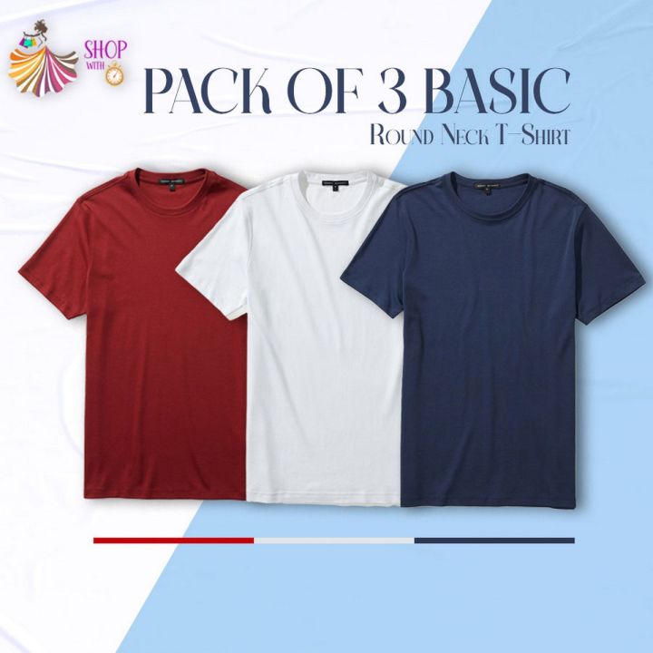 shop with Clothing- Pack of 3 - Basic Cotton Red, White & Navy Blue Round Neck T-Shirt For Men & Women