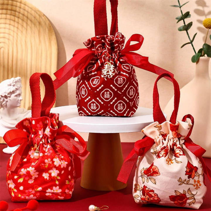 Small Candy Bag Elegant String Printed Drawstring Pouch Reusable Gift Bag for Wedding Party Favors Events Guests