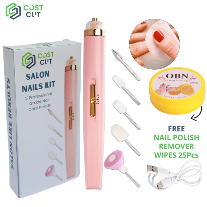 COSTCUT Rechargeable Flawless Salon Nails Kit + Nail Polish Remover Wipes, Perfect Pack of Manicure and Pedicure, Flawless Nail Saloon Kit