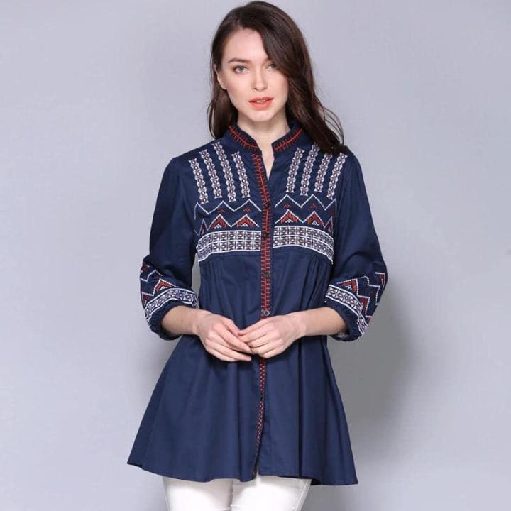 Navy Blue Embroidery Kurti For Women