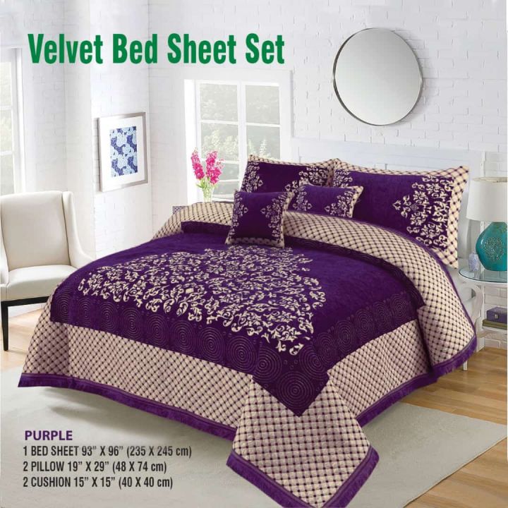 Velvet jacquard Bedsheet —5 Pcs Set—  1:—Velvet Sheet 2:—Pillow Covers 2:— Cusion Cover   Fabric:——*Velvet Jacquard *                King Size   Available in * Attractive Colors* With Quality Zipper Bag Packing