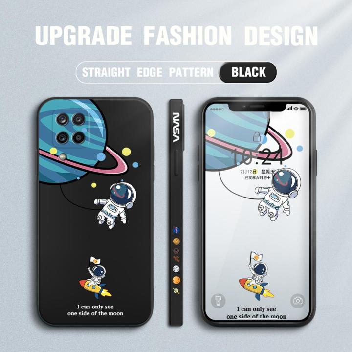 Jizetin for Samsung Galaxy A12 / M12 / A12 5G Case Creative Cartoon Astronaut Orbiting the Earth Side Design Phone Cover Square Edge Pattern Liquid Silicone Phone Cases