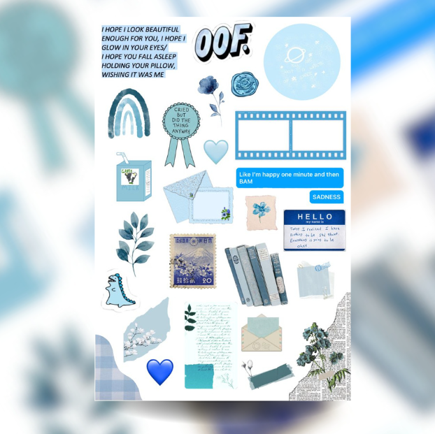 Sky Blue Themed Aesthetic Uncut Sticker Sheet | Journal Sticker Sheet | Asthetic Stickers For Journal |  Aesthetic Journal Mini Stickers | Uncut Sticker Sheet | 4x6" inches