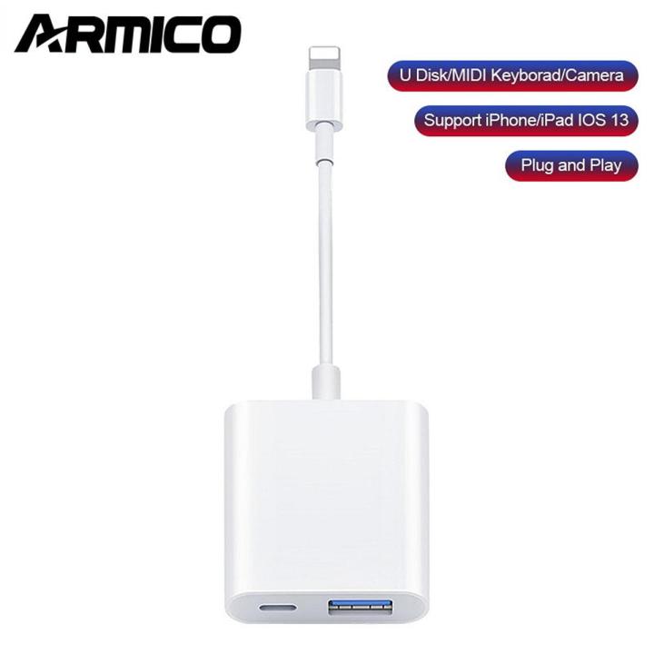 ARMICO 3 in 1 USB Camera Adapter USB 3.0 OTG Cable adapter with USB Power Interface Data Sync Charge Cable No App Required Lightning to USB Female Adapter Compatible for iPhone/iPad Supports Flash Drive,Card Reader, MIDI Interface