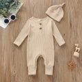 Infant Baby Jumpsuit and Hat Set, Solid Knit Ribbed Long Sleeve Crew Neck Button Romper One-Piece Clothes. 