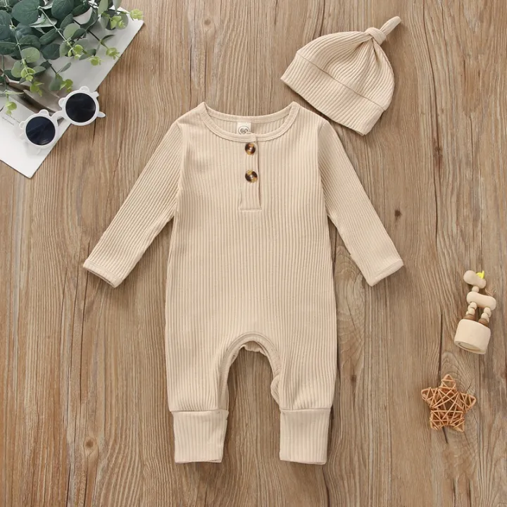 Infant%20Baby%20Jumpsuit%20and%20Hat%20Set,%20Solid%20Knit%20Ribbed%20Long%20Sleeve%20Crew%20Neck%20Button%20Romper%20One-Piece%20Clothes%20-%20Image%204
