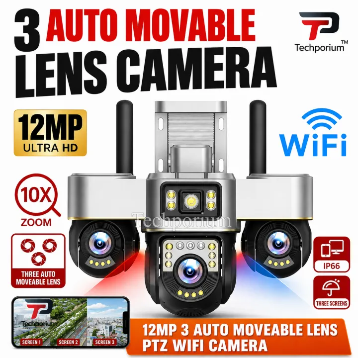 3 Auto Movable Lens PTZ Smart 12MP WiFi Camera Ultra and 4MP 2 Lens ...