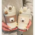 Cute Teddy Bear Mug With Straw insulated 450ml Thermos Mug Stainless Steel Double Wall Vacuum Flask Water Bottle. 