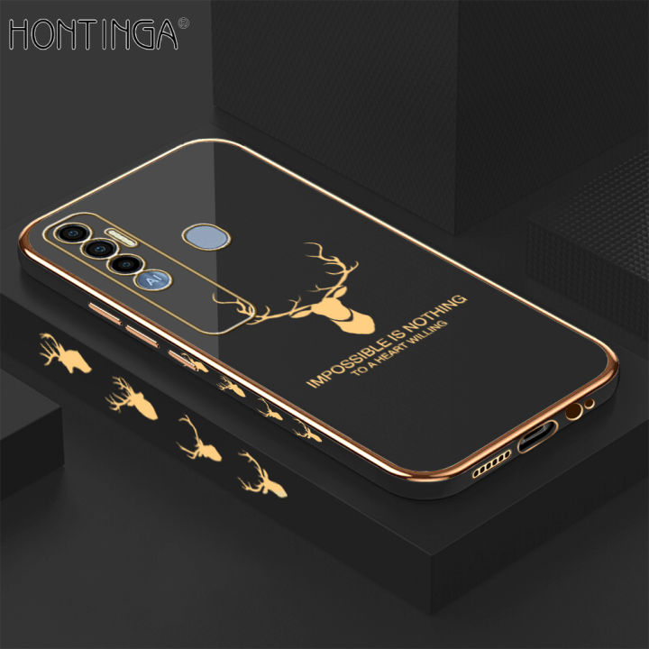 Hontinga for Tecno Spark 7 Pro Back Cover Luxury 6D Plating Lucky Side Pattern Shiny Case Soft Silicone Square Mobile Cover