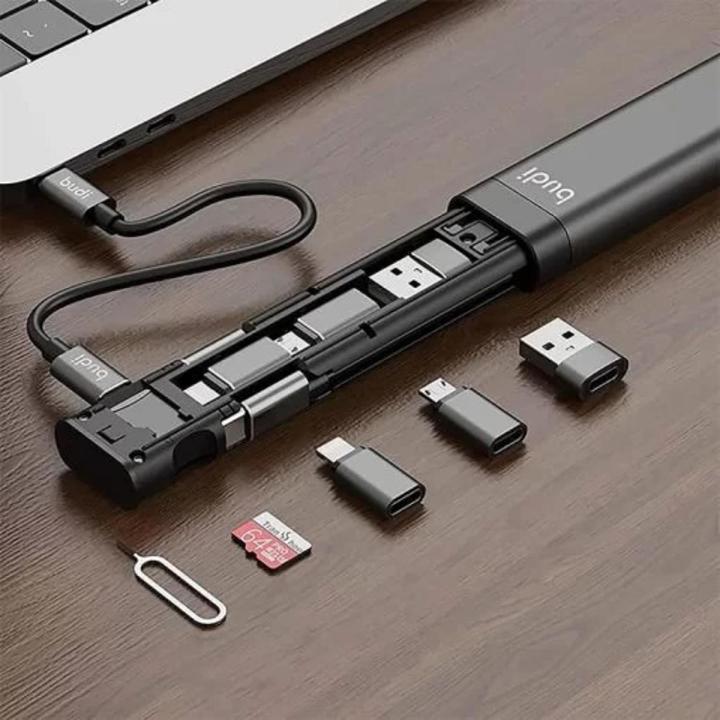 9 in 1 Budi Multifunctional Cable Stick with Card Adaptor, Storage Box, USB OTG, Converter, Type C, Card Reader and Cables for travel Camera Kit – Black