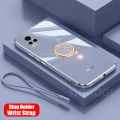 For Vivo V20 Back Cover with Ring Holder Stand + Wrist Strap Shiny Plating Square Bumper Protective Case Soft Silicone Shockproof Mobile Phone Cases. 