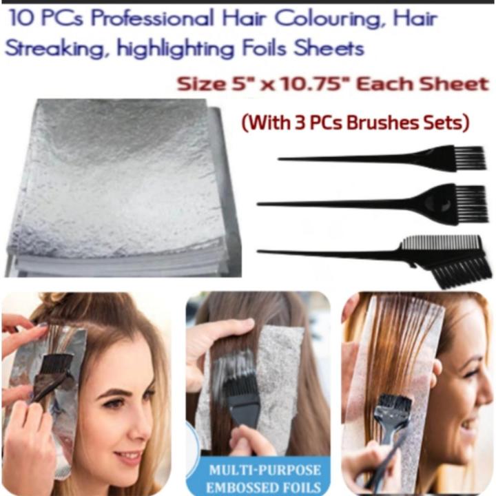 10 PCs Hair Streaking Sheets Aluminum Foil Sheets for Pop Up Hair Highlighting Hair Coloring Bleaching, Lightening fashion Hair Style with 3 PCs brushes Sets