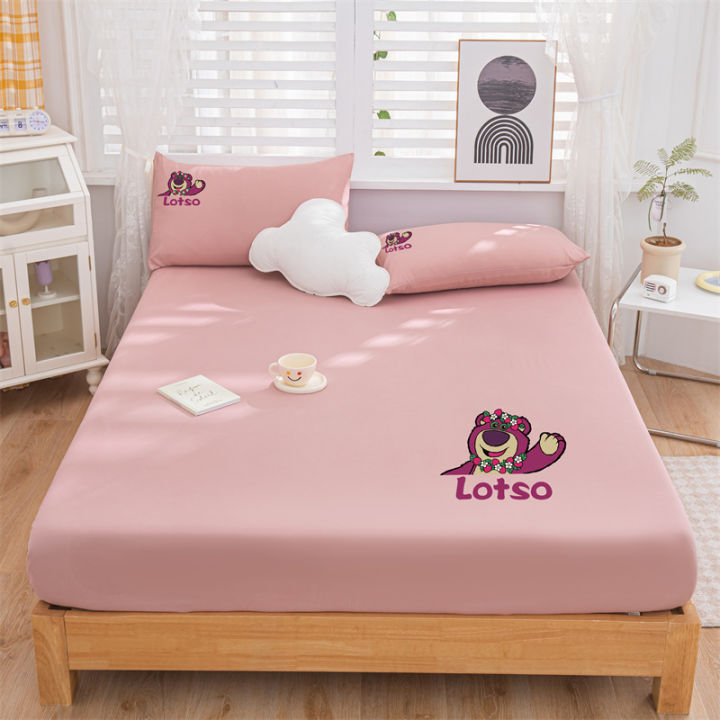 Dansunreve Solid Color Fittedsheet Cartoon Bedsheet Disney Fitted Bedsheets Strawberry Bear Winnie the Pooh Queen Fitted Sheet Soft Washed Breathable Skin-friendly Single King Size Bed Sheet