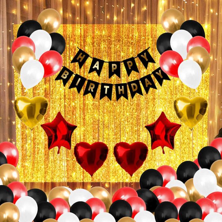 Happy Birthday Letter Banner Balloon Set of (Black)+ 3pc Golden Fringe Curtain (3x6 Feet) + HD Metallic Balloons (Black, Red,Gold and Silver) Pack of 60 + 4 Star Balloon(Red,Gold) + 2 Heart Balloon(Red) + Multipurpose Ribbon + 1pc Fairy