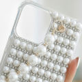 Infinix Smart 9 Back Cover for Girls Luxury White Pearl & Rhinestone Clear Case | 3D Bling Diamond Studded Soft TPU  Pouch Cover. 