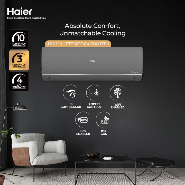 Haier (T3 Plus Series) 1 Ton DC Inverter - HSU-14HFTEX(DG) - T3 Compressor-Ampere Control - Bigger Outdoor-Turbo Cooling-Off White Colour AC /10 Years Warranty/Air Conditioner/Haier Free Installation
