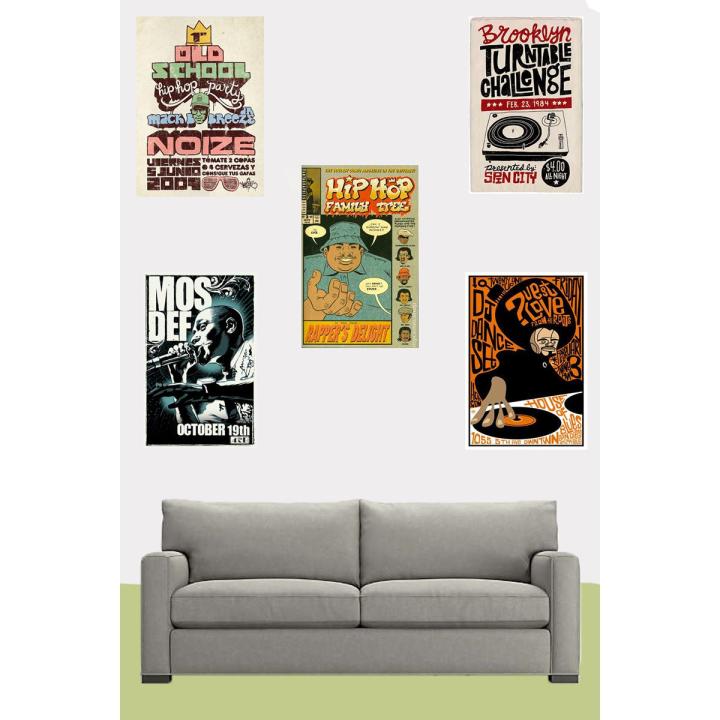 Set of 5-Hip Hop Old School Rap Aesthetic Music Posters Room Posters Vinyl Paper Music Vintage Posters Home Room Art Painting Wall Poster