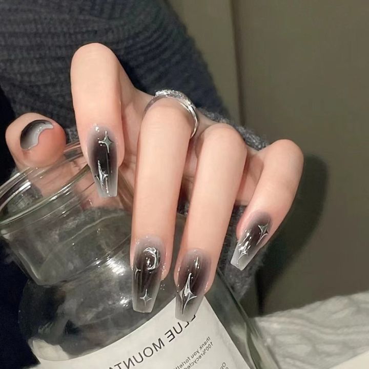 24Pcs Y2k Black Nail Long Ballet Reusable Acrylic Press on Set Nails Dark Coffin Artificial Full Cover False Nail Art Tips