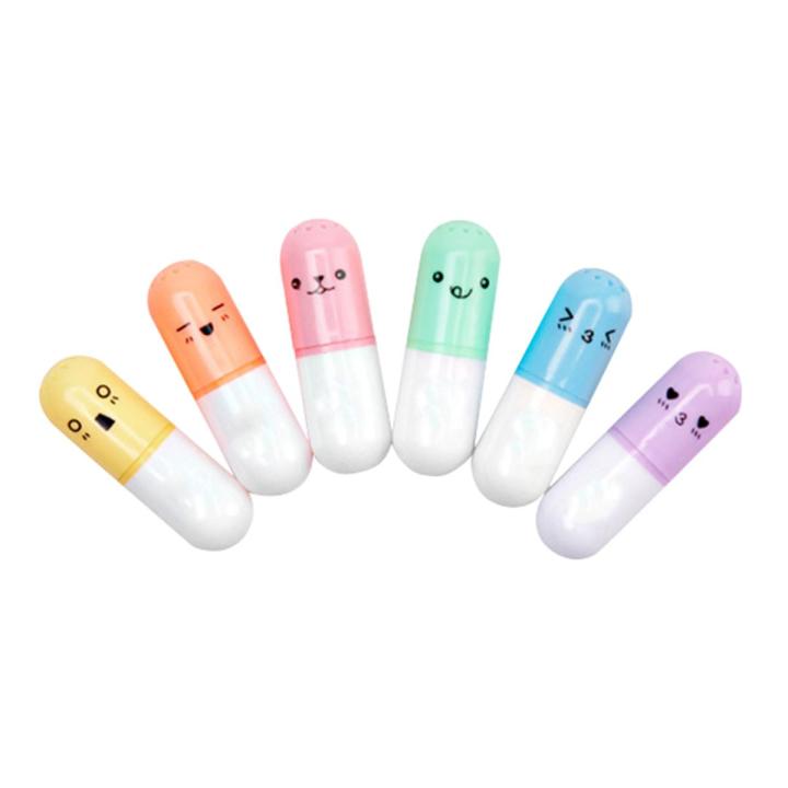 6Pcs/Set Cute Capsule Shaped Highlighter Marker Pens Stationery Office Supplies