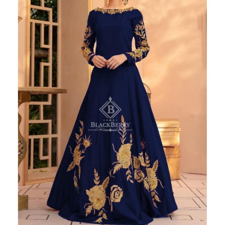 Stylish Handwork Embroidered Long Silk Maxi Party Wear (1-Piece) Silk Maxi Dresses For Women