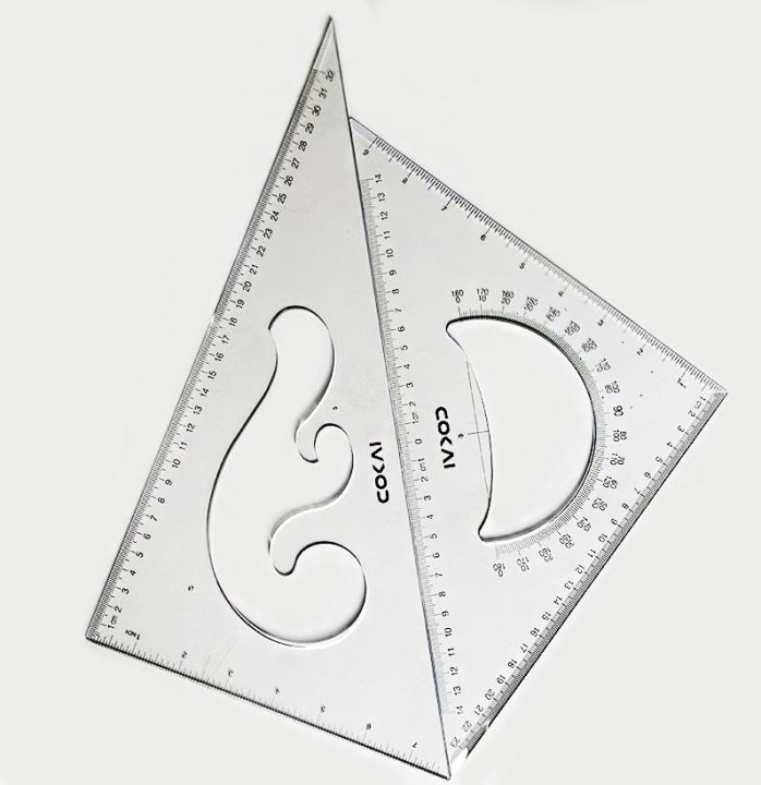 Cokai KJ-1135 Set Square 2-Piece Set - 35 cm with 3mm Thickness, Isosceles Triangle Ruler & Acute Triangle Ruler with French Curve