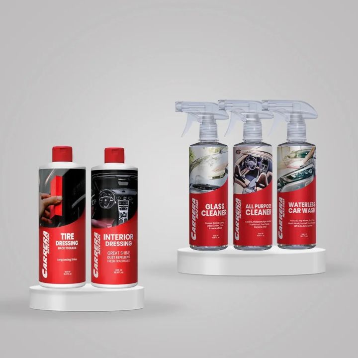 Carrera Interior Dressing 500ml+ Carrera Glass Cleaner+ Carrera Waterless Car wash 500ml+ Carrera All Purpose Cleaner 500ml+ Carrera Tire Dressing 500ml ( Ready to Go Kit)