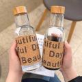 Wooden Design Leather Sticker Glass Water Bottle. 