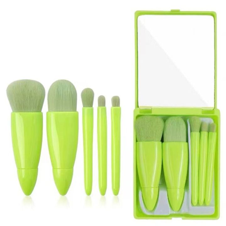 5pcs Korean Super Soft Concealer Cosmetic Base Makeup Eye Shadow Candy Color Eyelash Mini Travel Brush Set Green Color