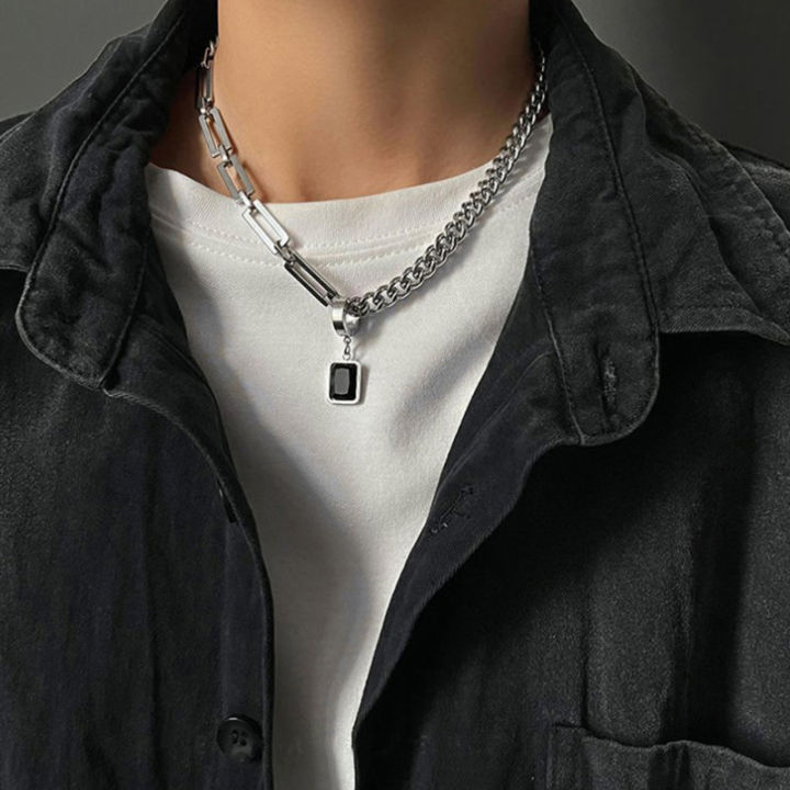 Creative Hip-hop Tide Brand Simple Black Square Earrings Pendant Necklace Men's Dual-use Design Stainless Steel Stitch Necklace Encounter