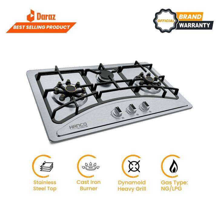 MODEL 771 SS Built-in Gas Hob - 3 Burner Stainless Steel Stove - Heavy Diecast Grill  - NG/LPG -1 Year Brand Warranty