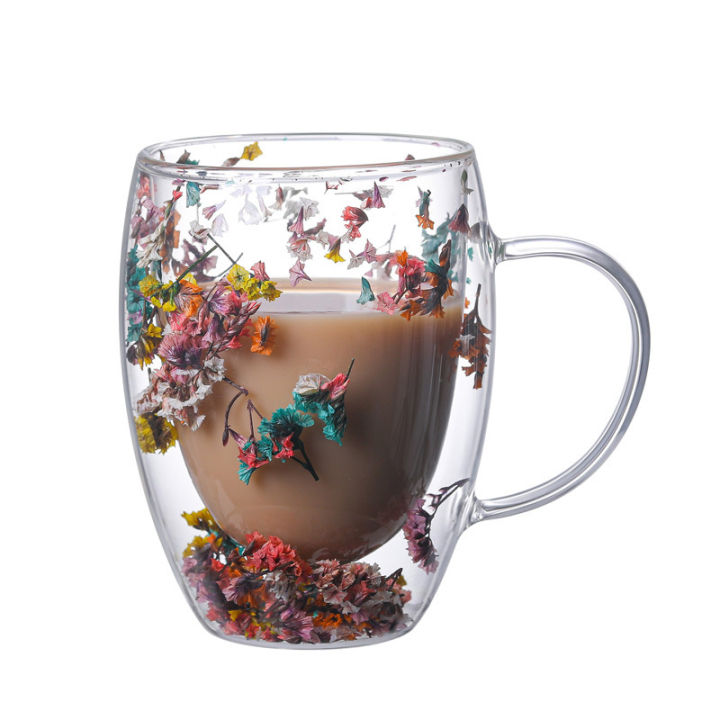 Flowers Inside Glass Coffee Mug 300ml Double-Walled Espresso Cups Heat Insulated Quicksand Water Cups Summer Winter Drinkware