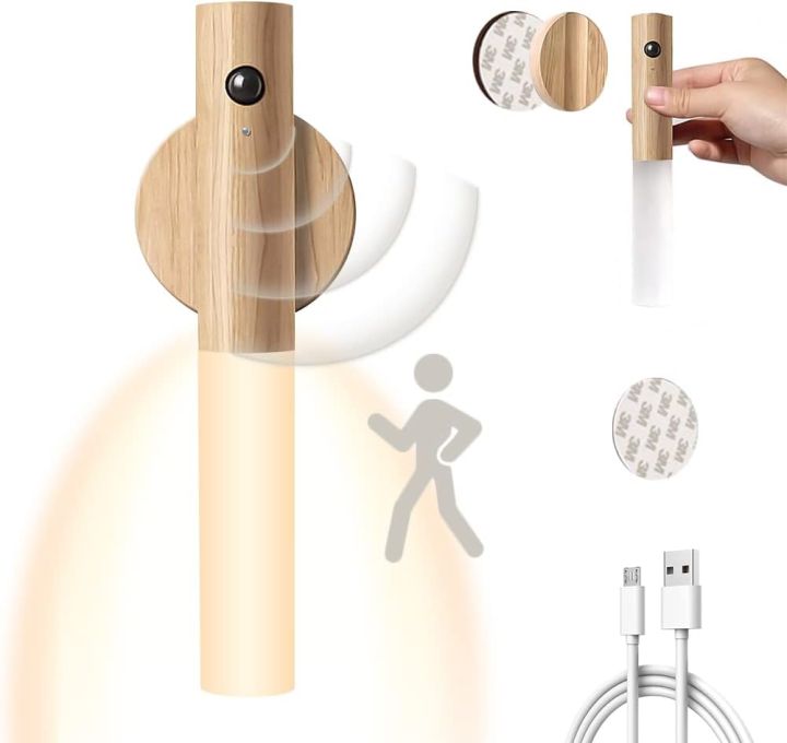 USB Rechargeable Wall Light Wood Indoors with Motion Detector Induction, Rechargeable Battery LED Wall Lamp Warm White Magnetic Bedside Lamp for Living Room Bedroom Staircase Hallway