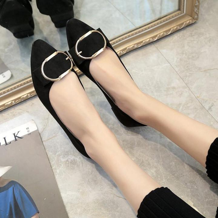Women%20Suede%20Belt%20Buckle%20Flat%20Heel%20Pointed%20Toe%20Casual%20Shoes%20Black%20-%20Image%203